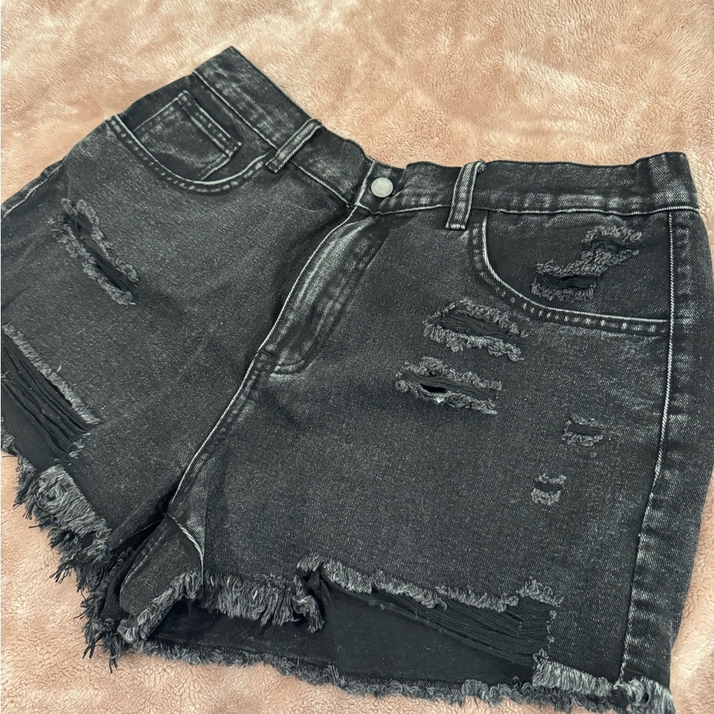 Distressed Black Denim Shorts